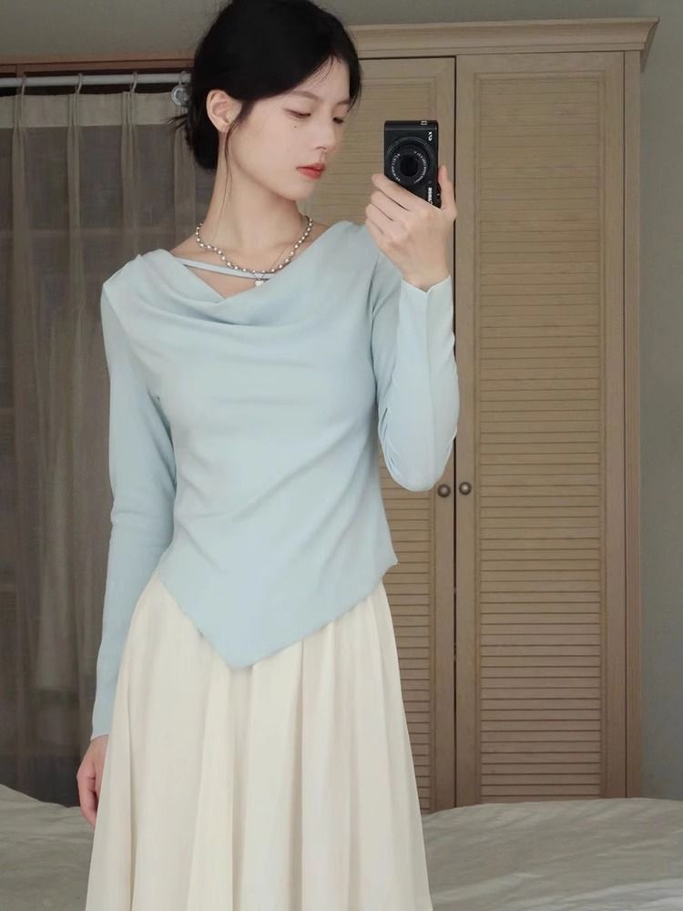 溫柔甜辣一字正肩t恤女秋季新款小眾設計長袖不規則修身顯瘦上衣