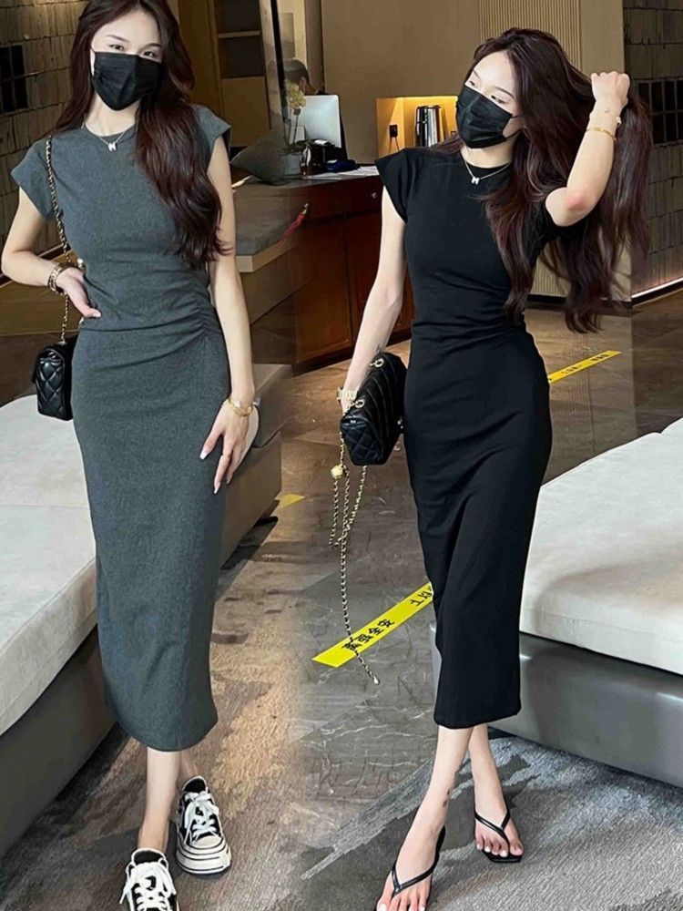 High-end niche design pleated bottoming dress women's summer new pure desire waist slimming mid-length skirt