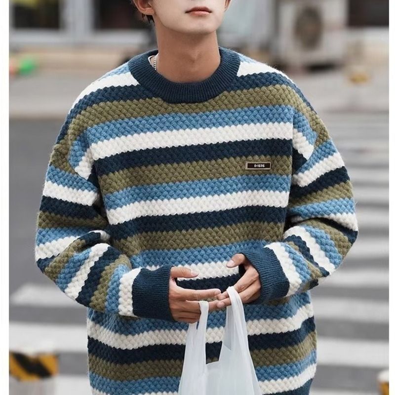 Striped crew neck sweater men's winter thickened loose pullover lazy Japanese couple knitted sweater jacket