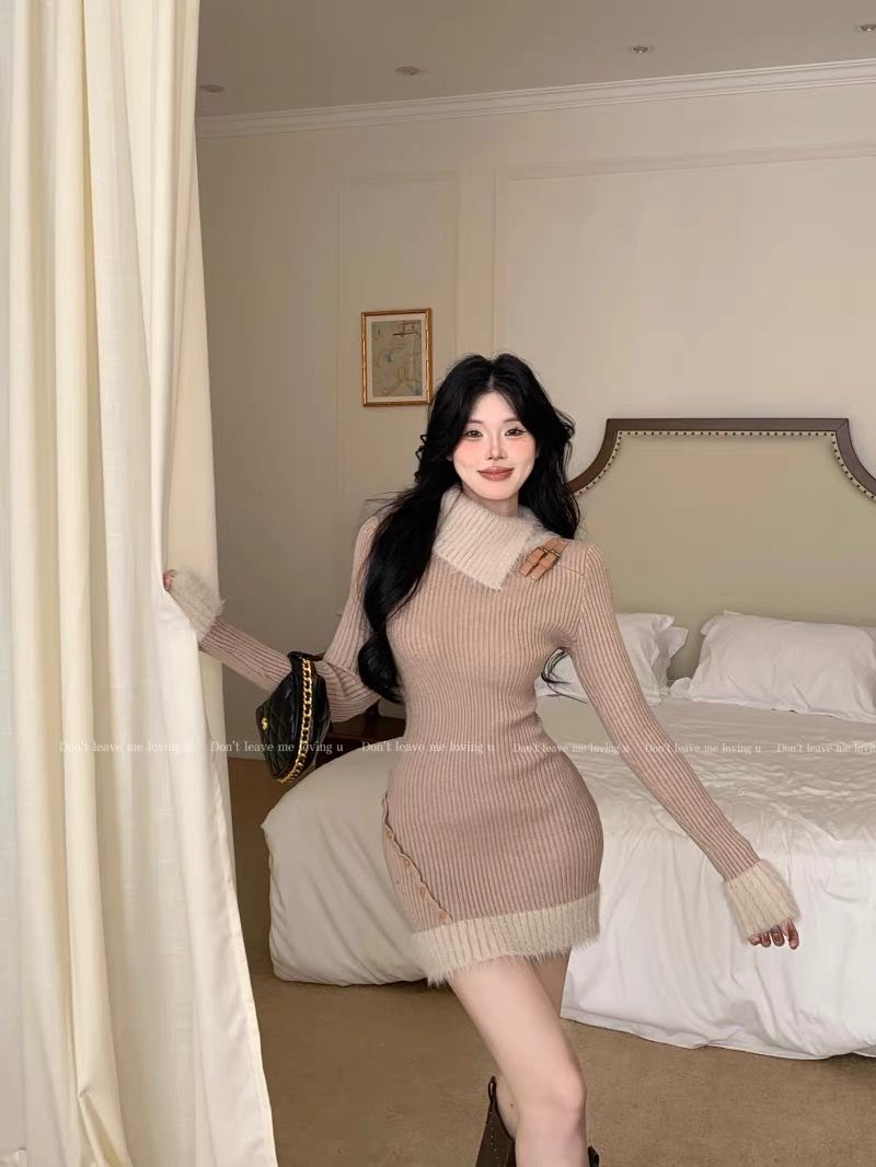 Contrast color lapel long-sleeved knitted dress women's autumn and winter design niche pure lust style tight hip short skirt