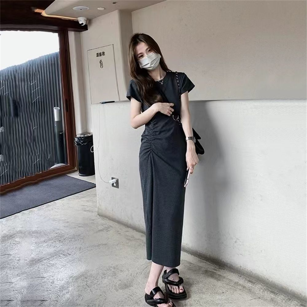 Little Hot Girl Hip-covering Dress Women's  Summer New Style Waist Slimming Pleated Over-the-Knee T-shirt Long Skirt