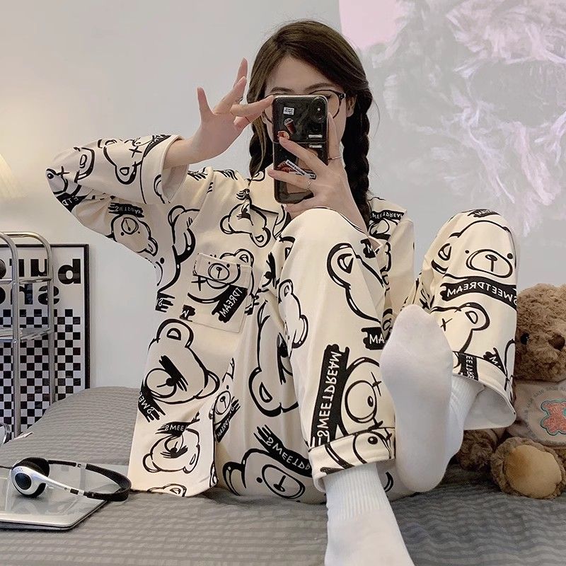 Pajamas for women spring and autumn pure cotton long-sleeved students cute plus size home clothes winter 2024 new two-piece suit