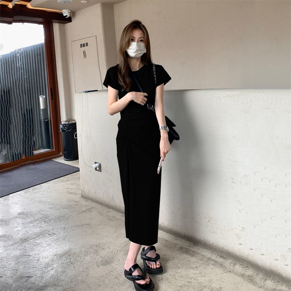 Little Hot Girl Hip-covering Dress Women's  Summer New Style Waist Slimming Pleated Over-the-Knee T-shirt Long Skirt