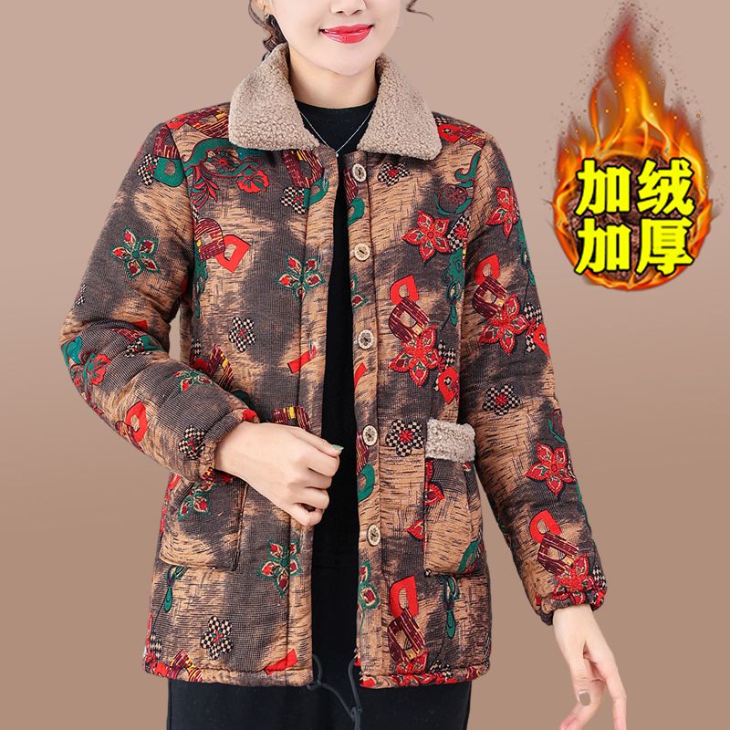 Mom's winter velvet middle-aged and elderly thickened lapel cotton-padded jacket warm cotton-padded jacket floral floral western style new cotton jacket