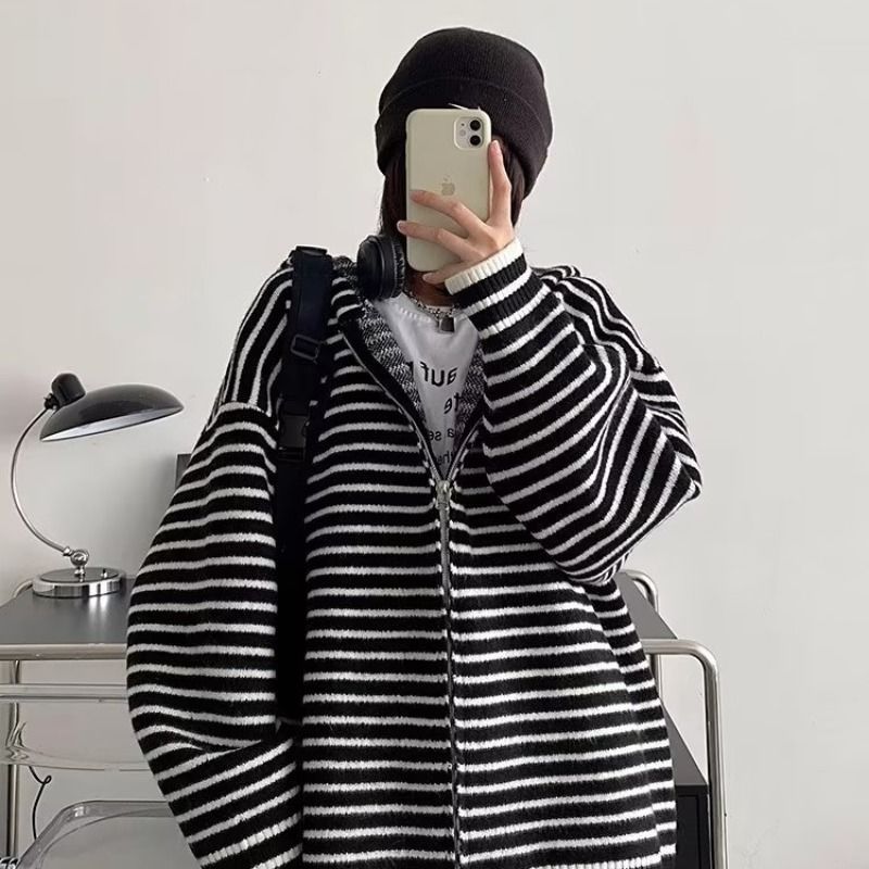 黑色條紋連帽外套女裝春秋季2024新款秋冬爆款韓系寬鬆上衣高級感
