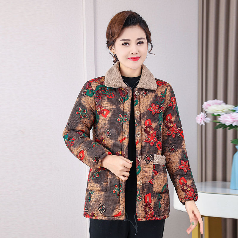 Mom's winter velvet middle-aged and elderly thickened lapel cotton-padded jacket warm cotton-padded jacket floral floral western style new cotton jacket