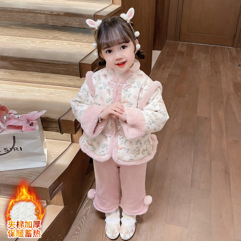 女童加棉加厚拜年服套裝冬季新款兒童唐裝國風表演服女孩寶寶冬裝
