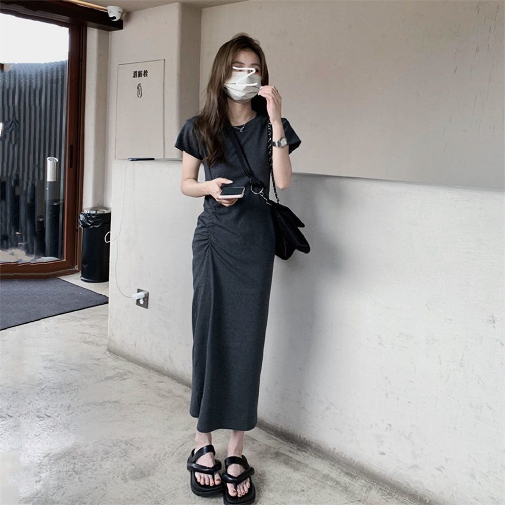 Little Hot Girl Hip-covering Dress Women's  Summer New Style Waist Slimming Pleated Over-the-Knee T-shirt Long Skirt