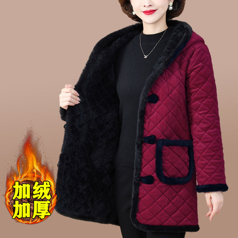 Mother's corduroy cotton coat middle-aged women's thickened velvet mid-length cotton jacket middle-aged and elderly winter warm cotton coat