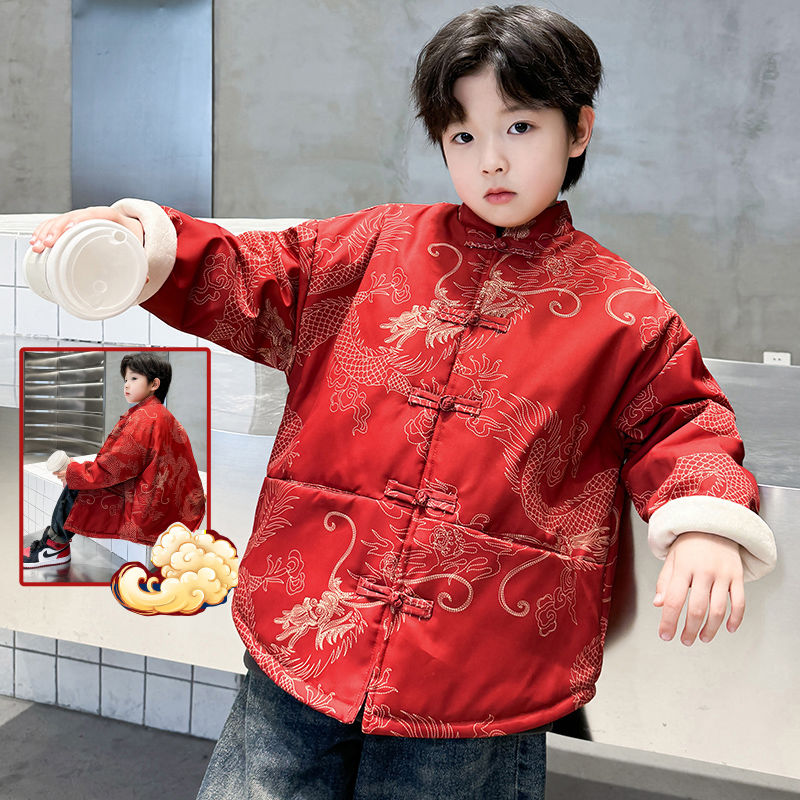 男童唐裝加絨外套紅色拜年服冬裝2024新款大童國潮兒童漢服龍年服
