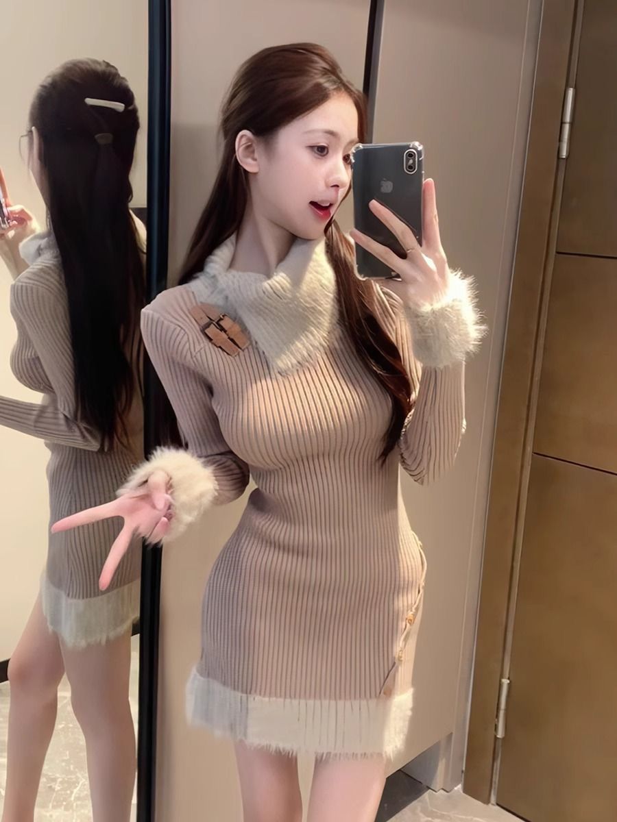 針織連衣裙打底秋冬女2023新款高級感小個子小香風氣質包臀毛衣裙
