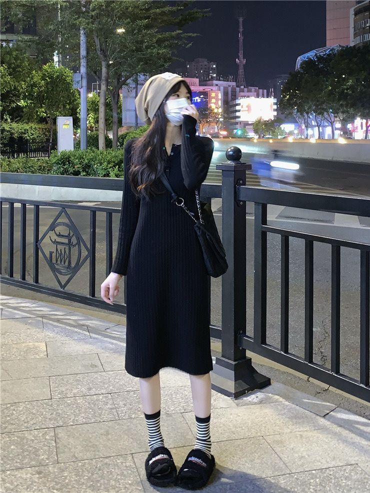 Slim knitted dress with coat, women's autumn and winter high-end knee-length skirt, slim fit inner long-sleeved bottoming skirt