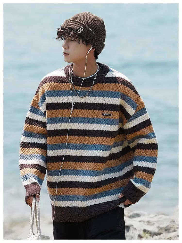 Striped crew neck sweater men's winter thickened loose pullover lazy Japanese couple knitted sweater jacket