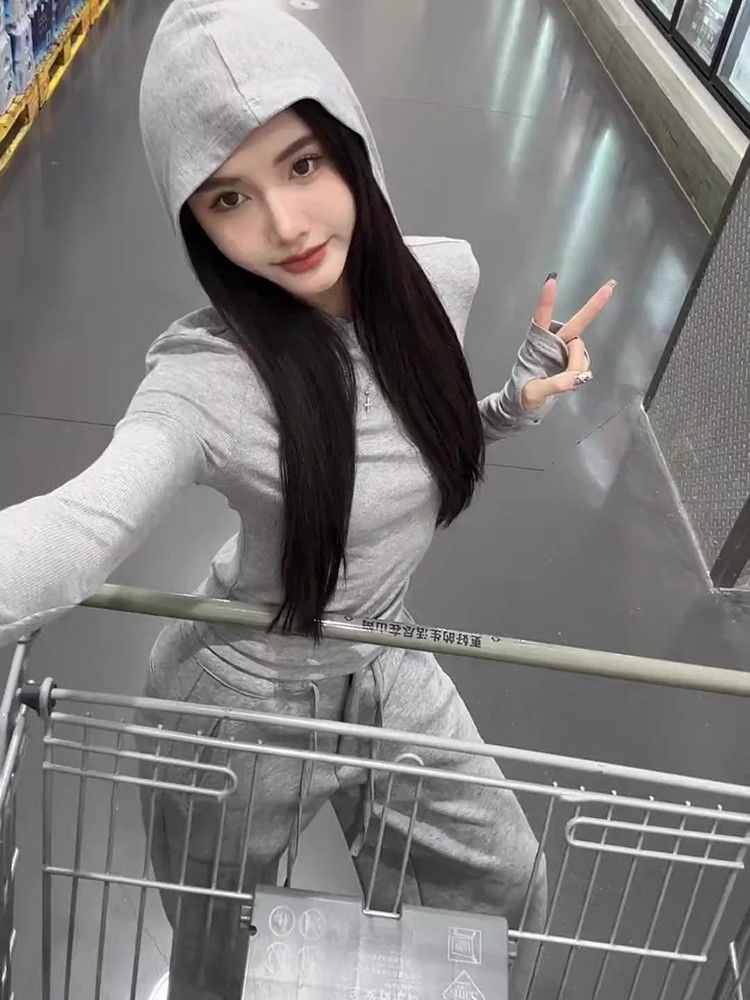 德絨修身內搭打底衫女新款秋冬季顯瘦設計感連帽上衣灰色長袖t恤