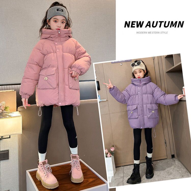 Girls' down jacket winter new style  quilted and velvet coat girls pink hooded new thickened coat