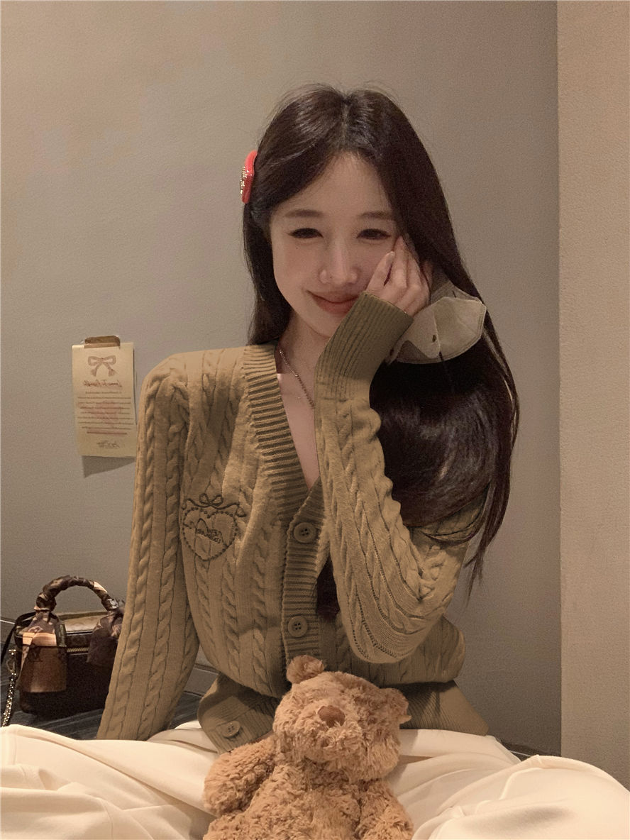 College style V-neck twist knitwear brown sweater cardigan women's winter niche knitwear foreign style short top