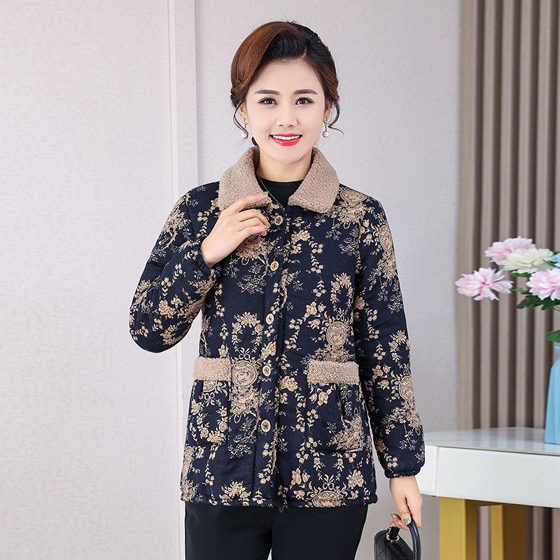 Mom's winter velvet middle-aged and elderly thickened lapel cotton-padded jacket warm cotton-padded jacket floral floral western style new cotton jacket