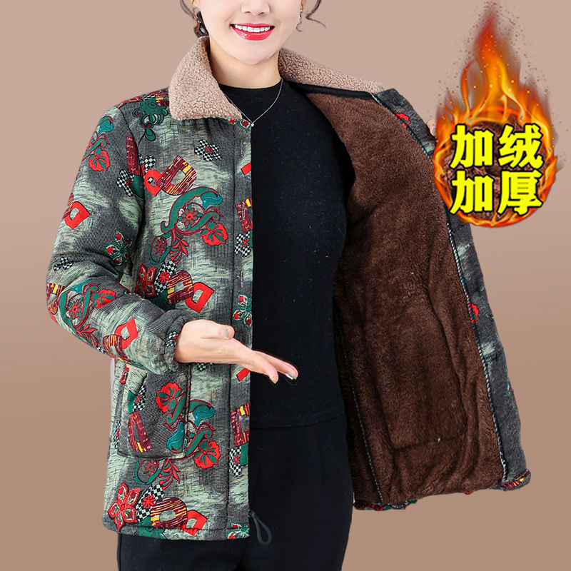 Mom's winter velvet middle-aged and elderly thickened lapel cotton-padded jacket warm cotton-padded jacket floral floral western style new cotton jacket