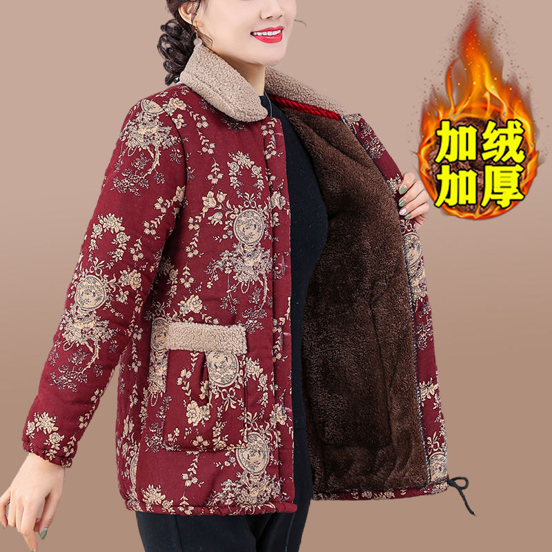 Mom's winter velvet middle-aged and elderly thickened lapel cotton-padded jacket warm cotton-padded jacket floral floral western style new cotton jacket