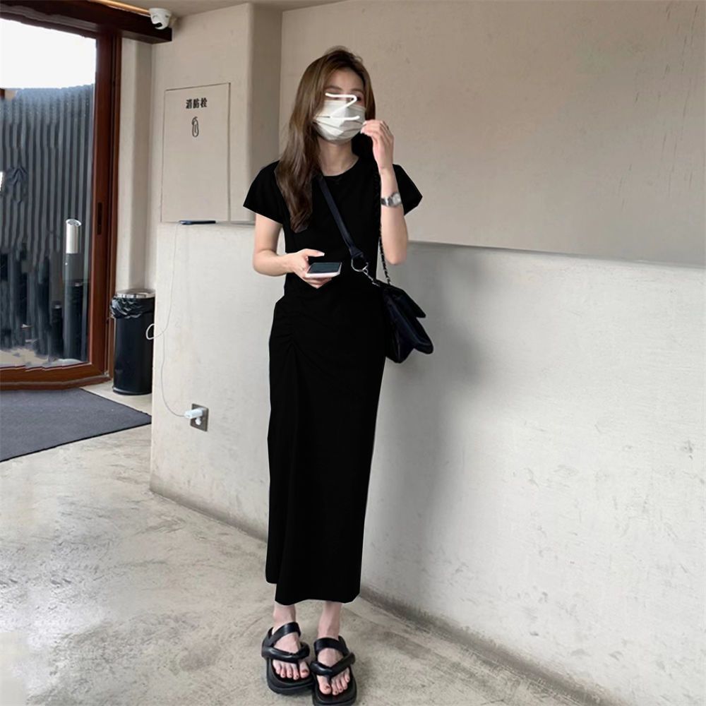 Little Hot Girl Hip-covering Dress Women's  Summer New Style Waist Slimming Pleated Over-the-Knee T-shirt Long Skirt