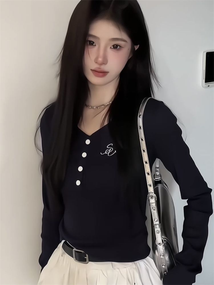 設計感小眾正肩長袖T恤女秋季新款內搭打底衫辣妹修身顯瘦上衣潮
