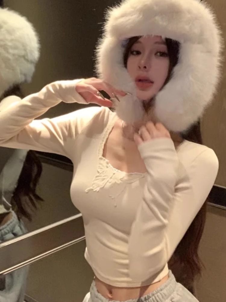 德絨保暖純欲風蝴蝶蕾絲拼接內搭T恤女裝冬季修身打底衫短款上衣