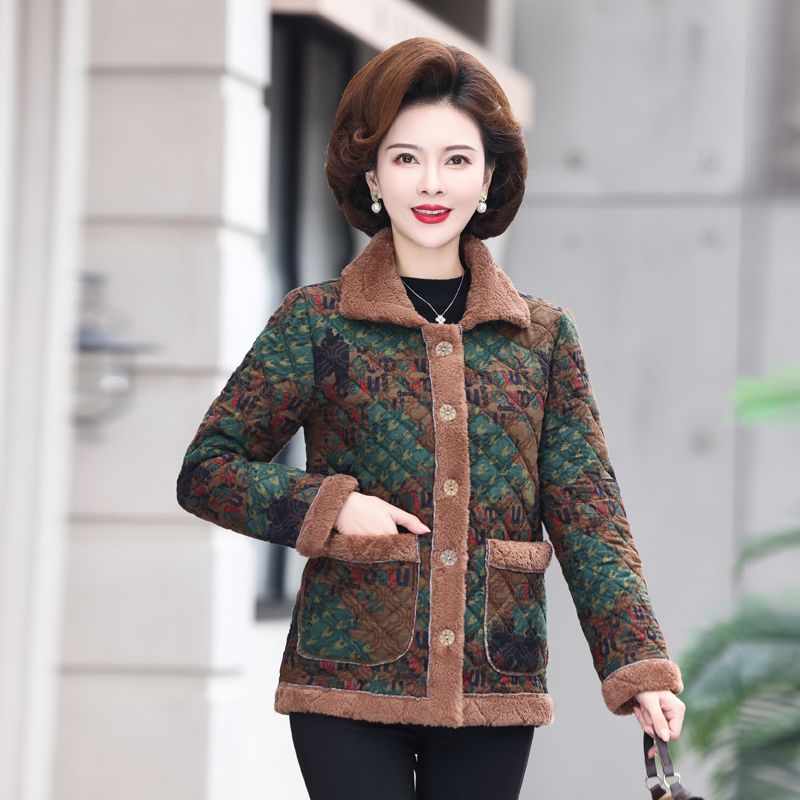 Middle-aged and elderly women's winter cotton-padded clothes plus velvet and thickening mom's clothes winter cotton-padded jackets warm and fashionable small cotton-padded jackets