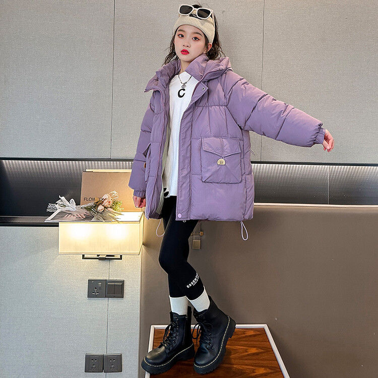 Girls' down jacket winter new style  quilted and velvet coat girls pink hooded new thickened coat