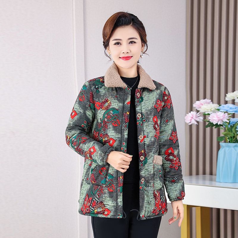 Mom's winter velvet middle-aged and elderly thickened lapel cotton-padded jacket warm cotton-padded jacket floral floral western style new cotton jacket