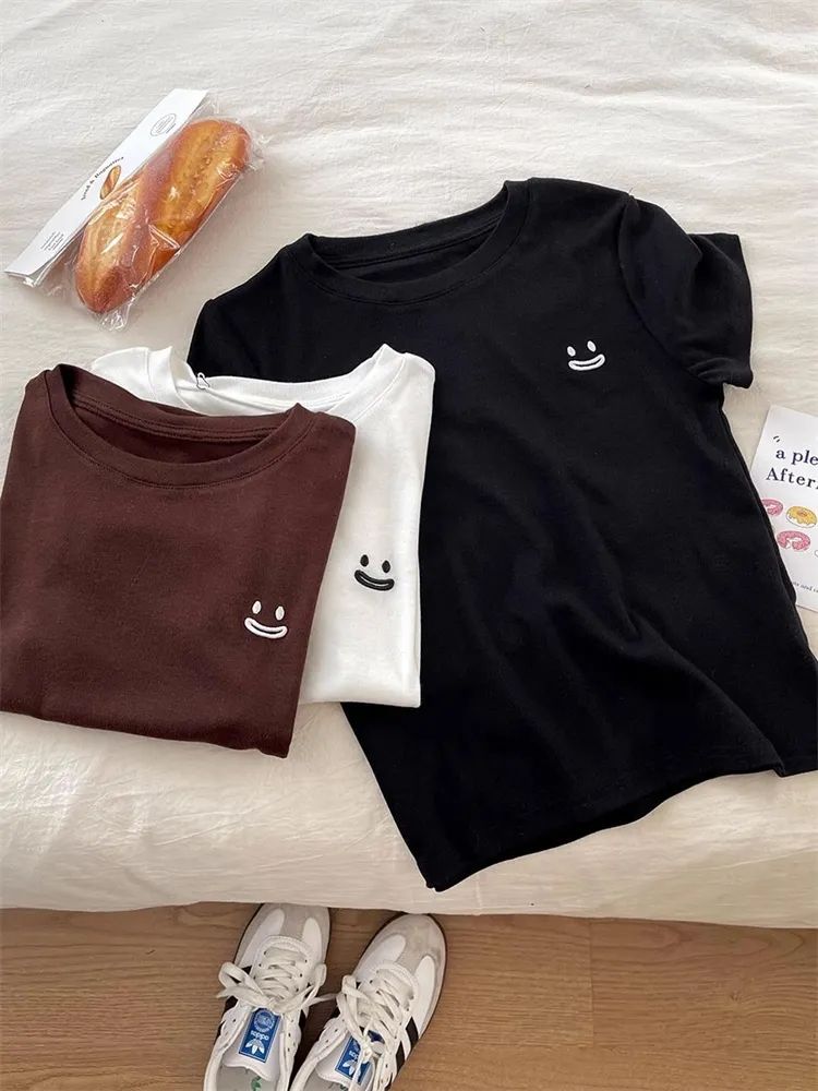 笑臉刺繡磨毛加厚正肩短袖T恤簡約百搭韓系別質感打底衫上衣秋冬