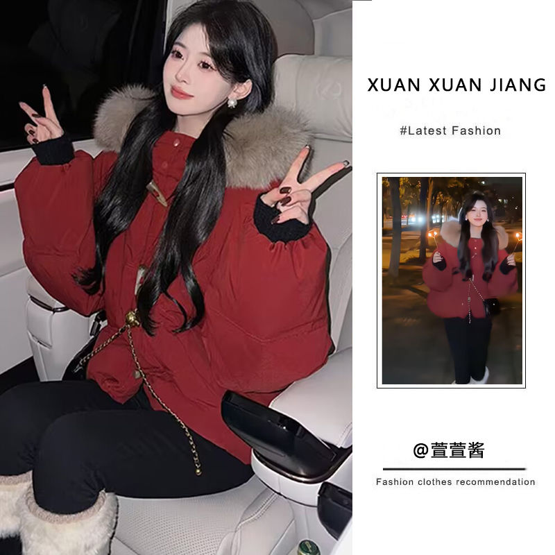 韓版高級感新年紅色牛角扣加厚毛領棉衣外套女冬新款小個子麵包服