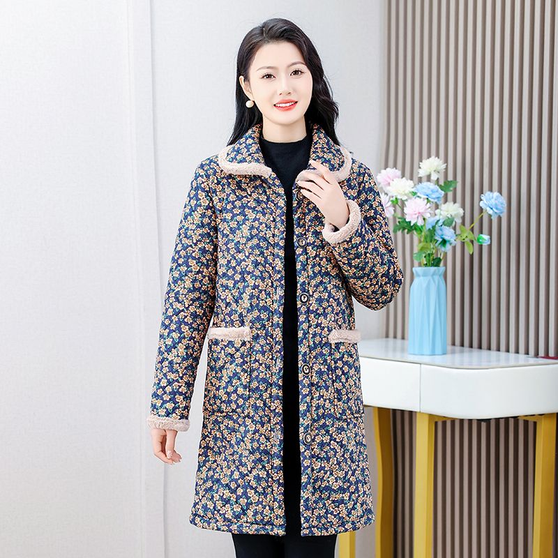 New mother's clothing winter plus velvet warm medium-length flower cotton jacket middle-aged and elderly women's loose age-reducing cotton coat jacket women