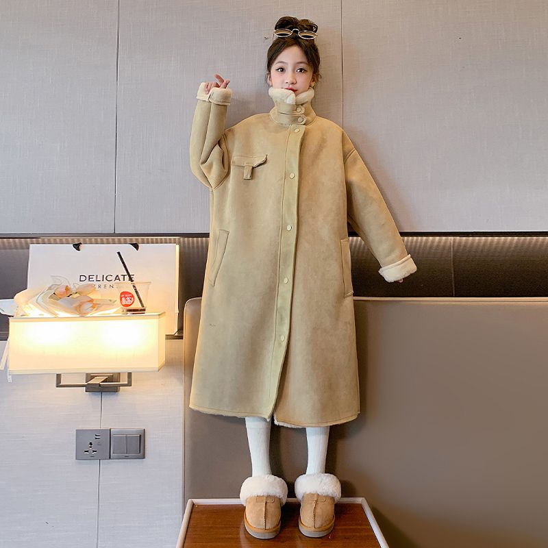 女童麂皮绒大衣加厚2023新款儿童仿皮草外套长款韩版皮绒一体冬装