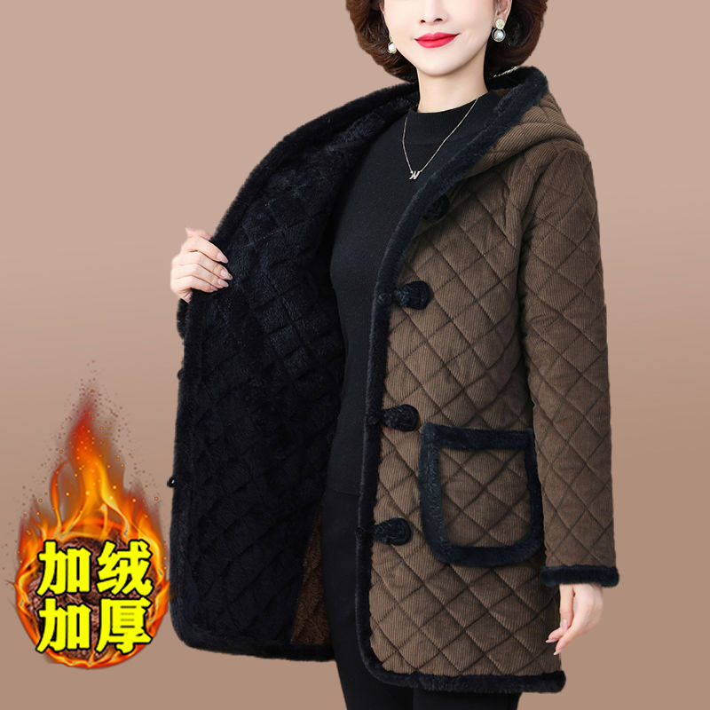 Mother's corduroy cotton coat middle-aged women's thickened velvet mid-length cotton jacket middle-aged and elderly winter warm cotton coat