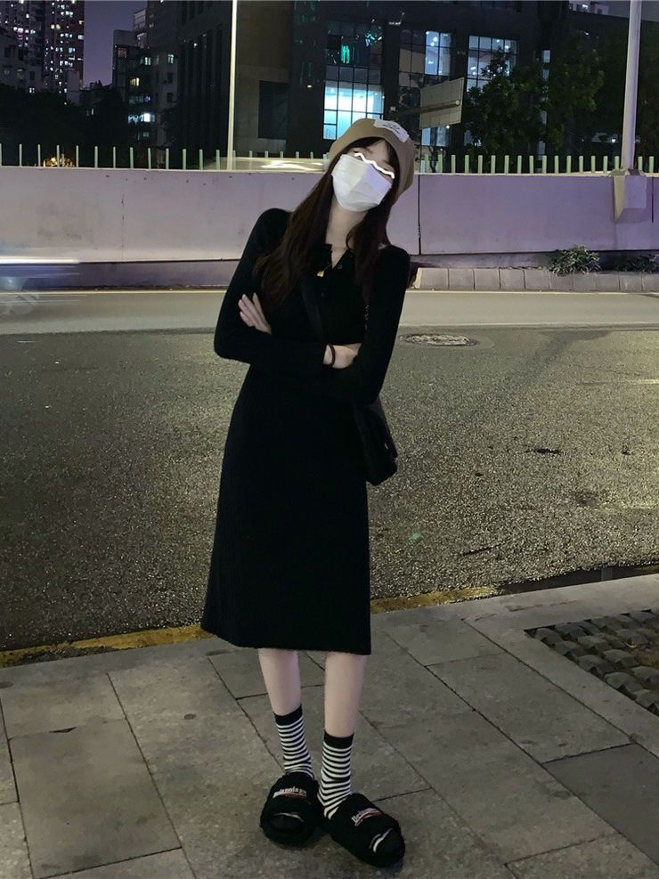 Slim knitted dress with coat, women's autumn and winter high-end knee-length skirt, slim fit inner long-sleeved bottoming skirt