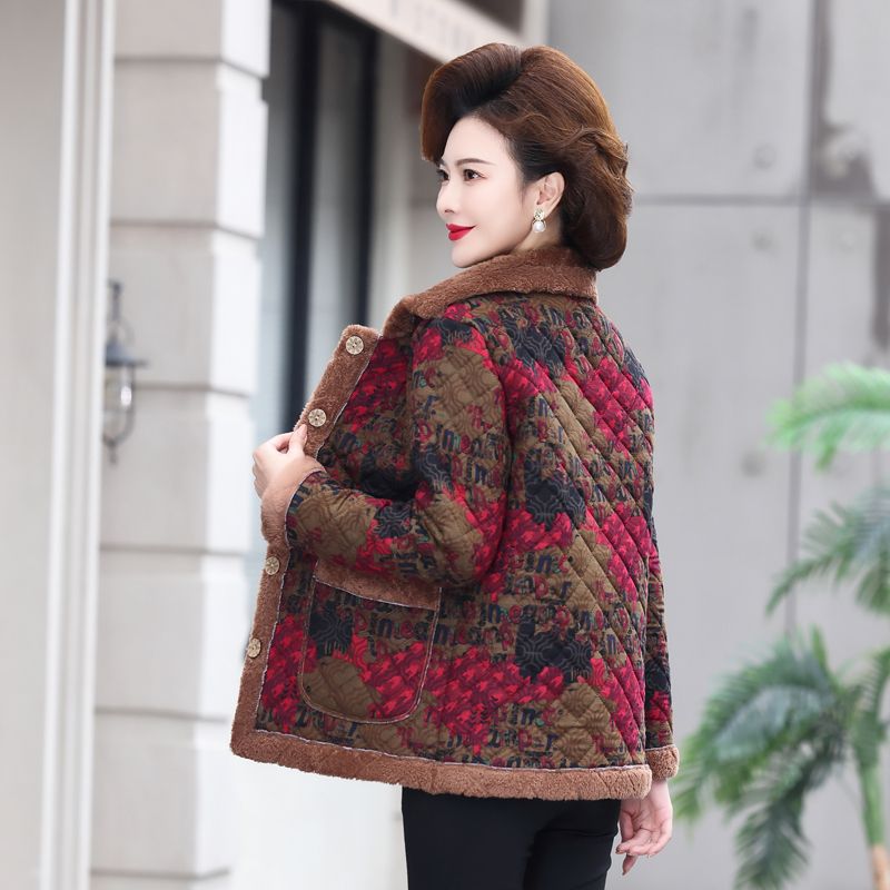 Middle-aged and elderly women's winter cotton-padded clothes plus velvet and thickening mom's clothes winter cotton-padded jackets warm and fashionable small cotton-padded jackets