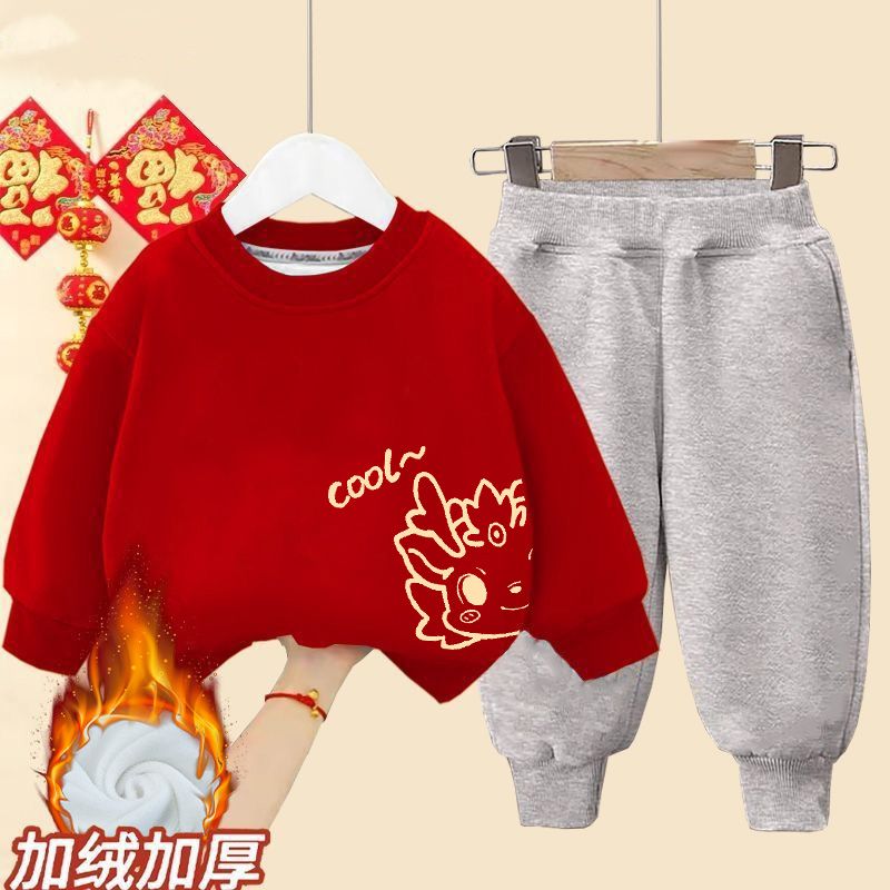 兒童加絨套裝男女童紅色連帽衛衣加厚2024小孩過年喜慶衣服兩件套