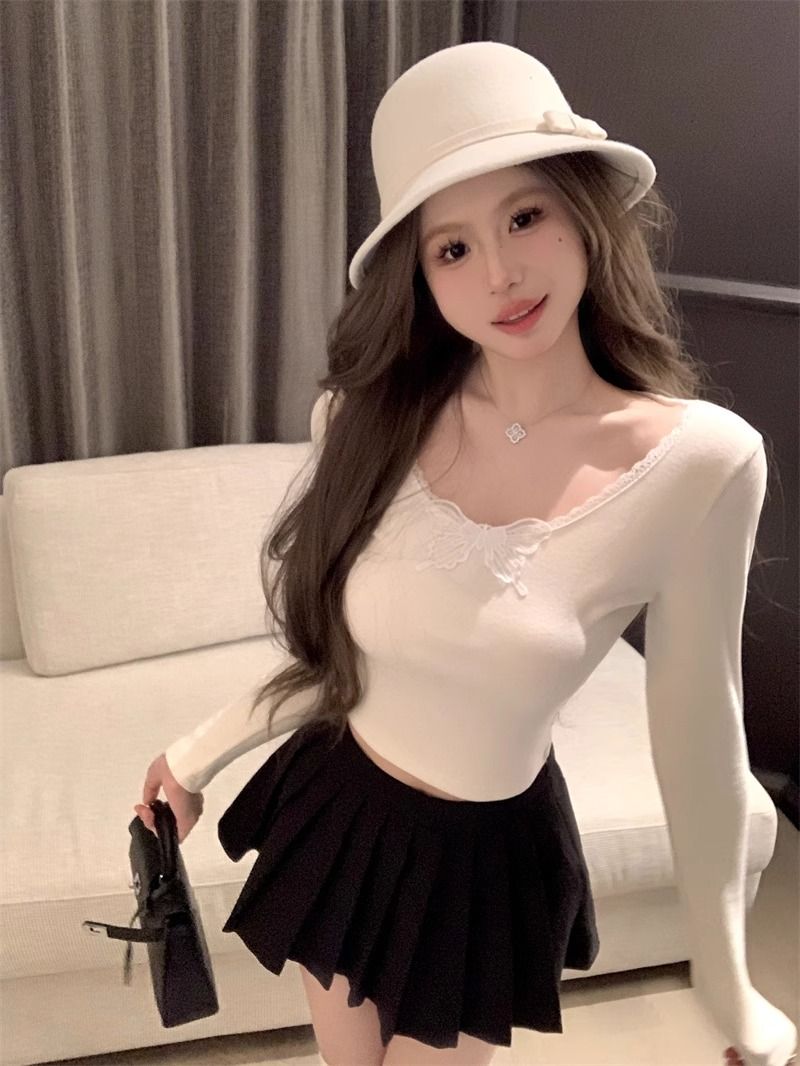 蕾絲花邊蝴蝶結磨毛打底衫長袖T恤女秋冬純欲風修身短款內搭上衣