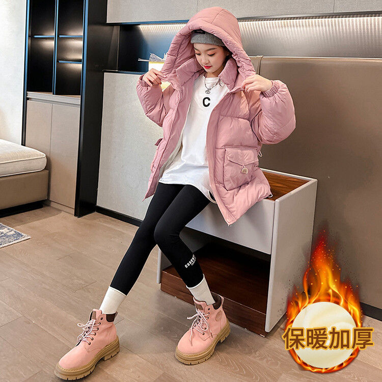 Girls' down jacket winter new style  quilted and velvet coat girls pink hooded new thickened coat