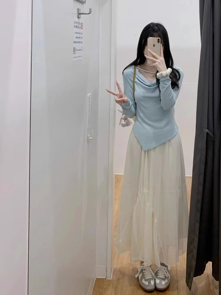德絨甜美風高腰顯紗秋新款設計不規則修身顯瘦長袖T恤上衣ins女