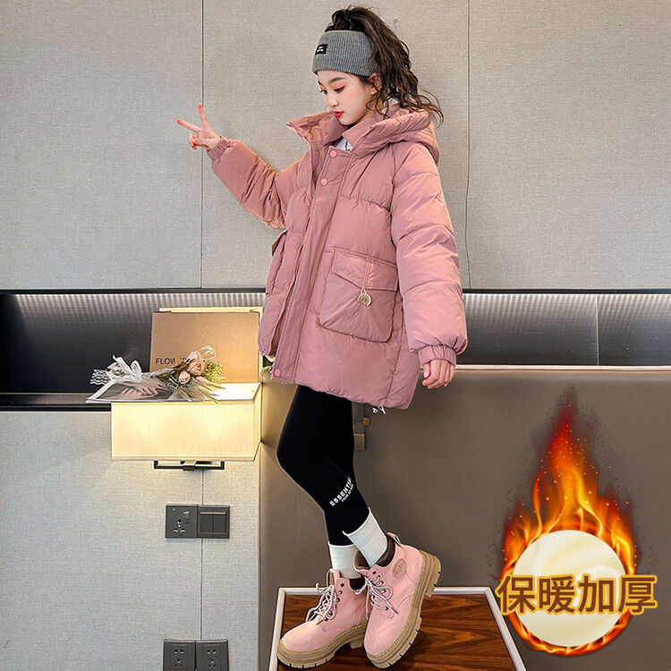 Girls' down jacket winter new style  quilted and velvet coat girls pink hooded new thickened coat