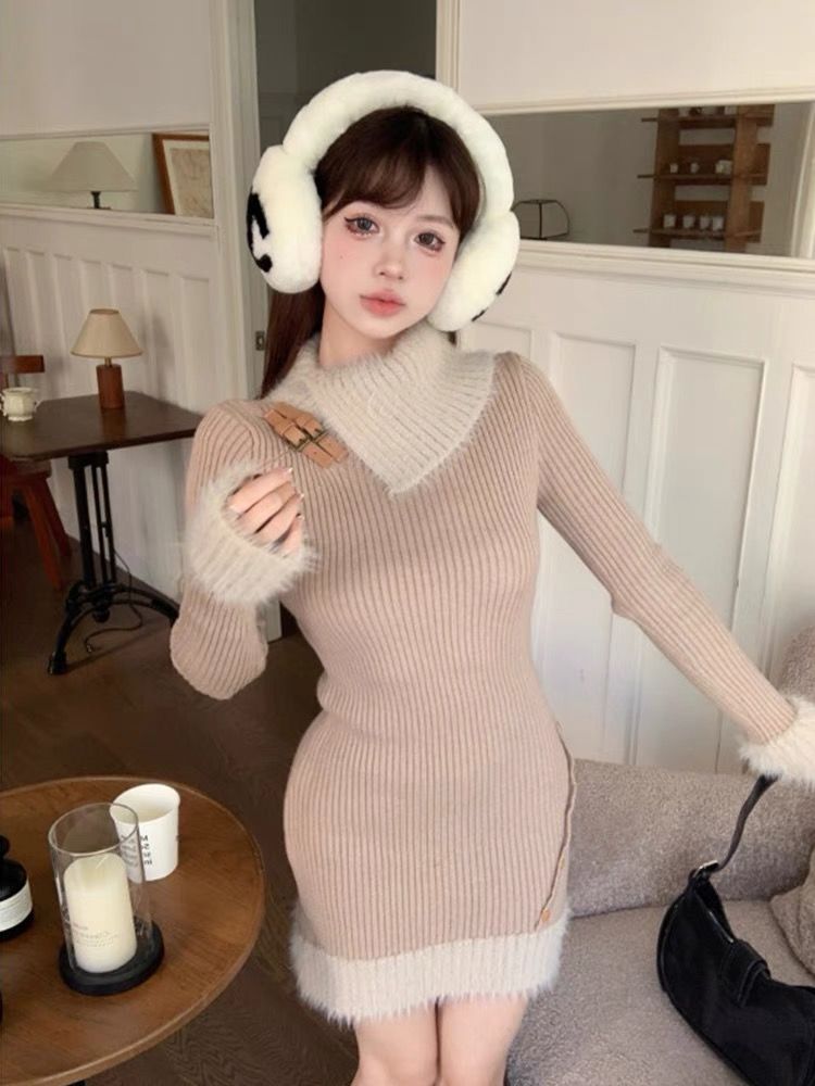American Retro Knitted Dress Women's 2023 Autumn and Winter New Style Western Chic Waist Slim Fit Hip Skirt Short Skirt