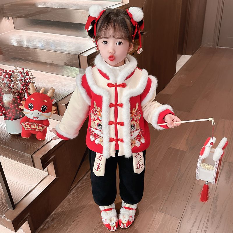 女童龍年冬季加絨拜年服套裝漢服女寶寶過年唐裝兒童冬裝中國風潮