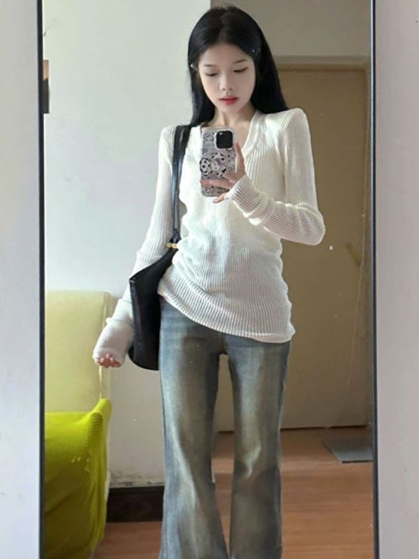 純欲風V領白色打底衫女春秋冬內搭修身顯瘦辣妹正肩長袖打底上衣