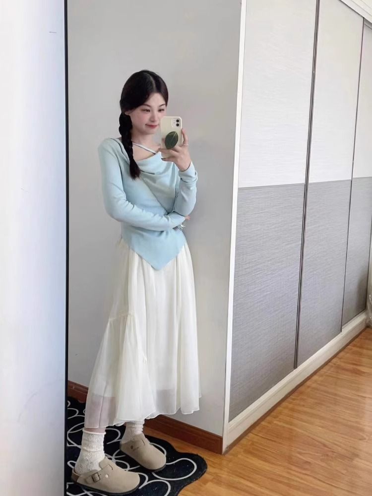 溫柔甜美半身裙套裝秋冬顯瘦不規則修身設計長袖感小眾T恤上衣