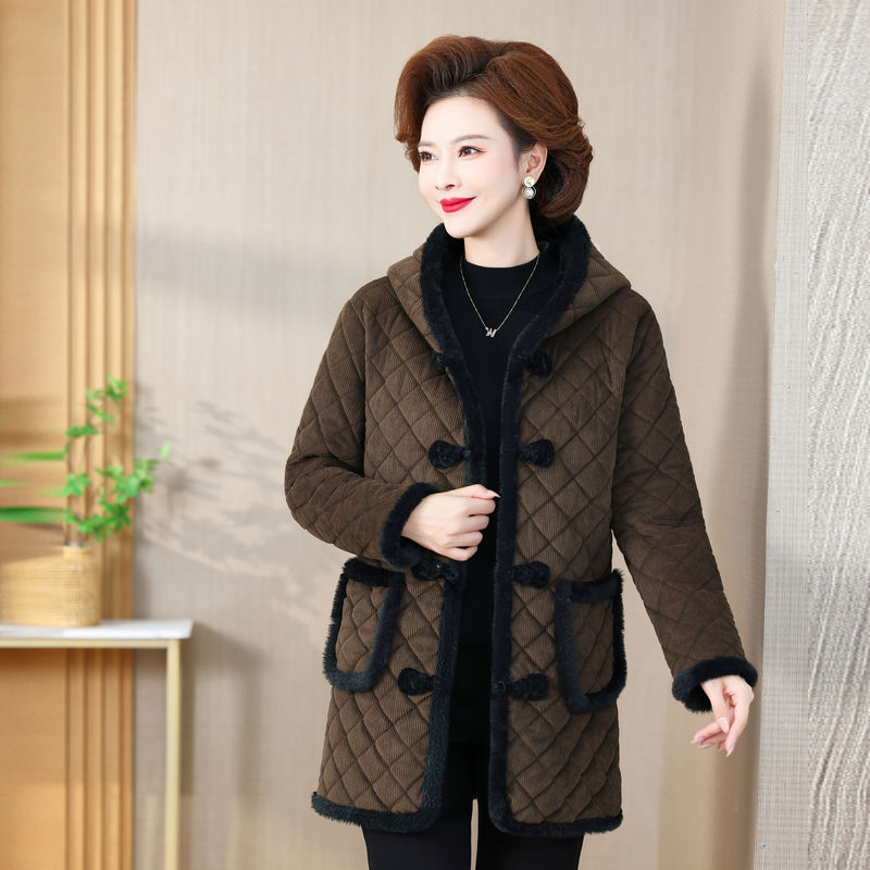 Mother's corduroy cotton coat middle-aged women's thickened velvet mid-length cotton jacket middle-aged and elderly winter warm cotton coat