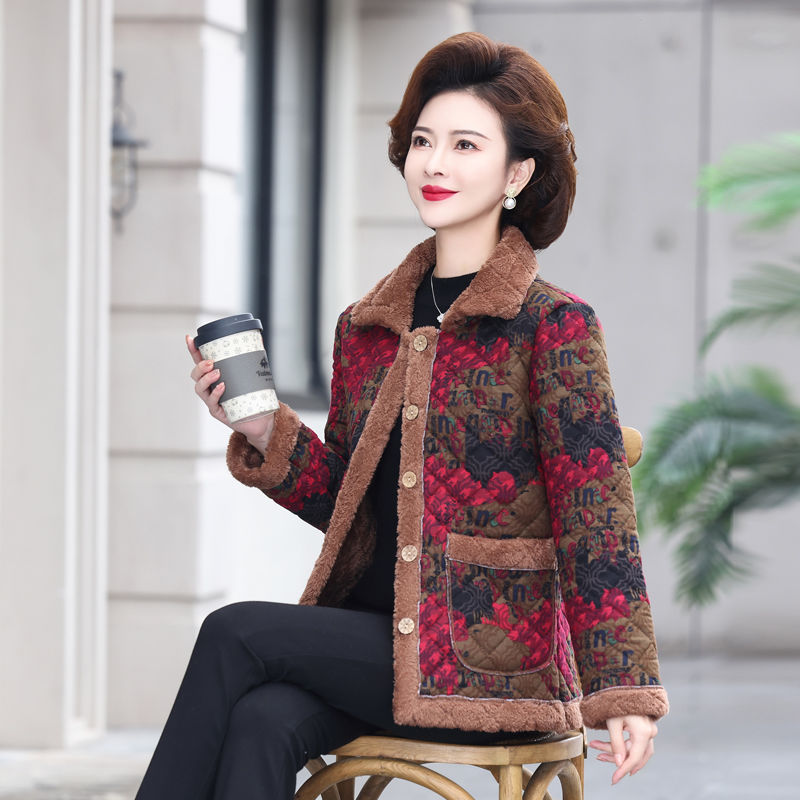 Middle-aged and elderly women's winter cotton-padded clothes plus velvet and thickening mom's clothes winter cotton-padded jackets warm and fashionable small cotton-padded jackets