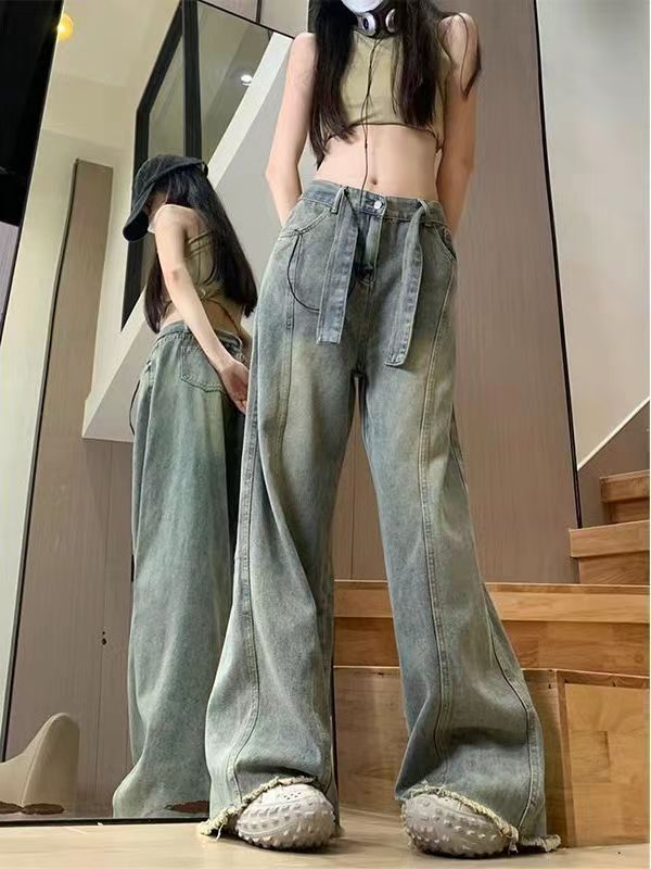 復古高腰毛邊設計牛仔褲女秋冬新款寬鬆顯瘦直筒闊腿長褲子潮ins