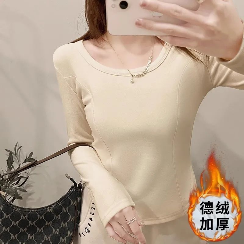ins德絨正肩圓領打底衫女秋冬季溫柔百搭軟糯純色長袖t恤短款上衣