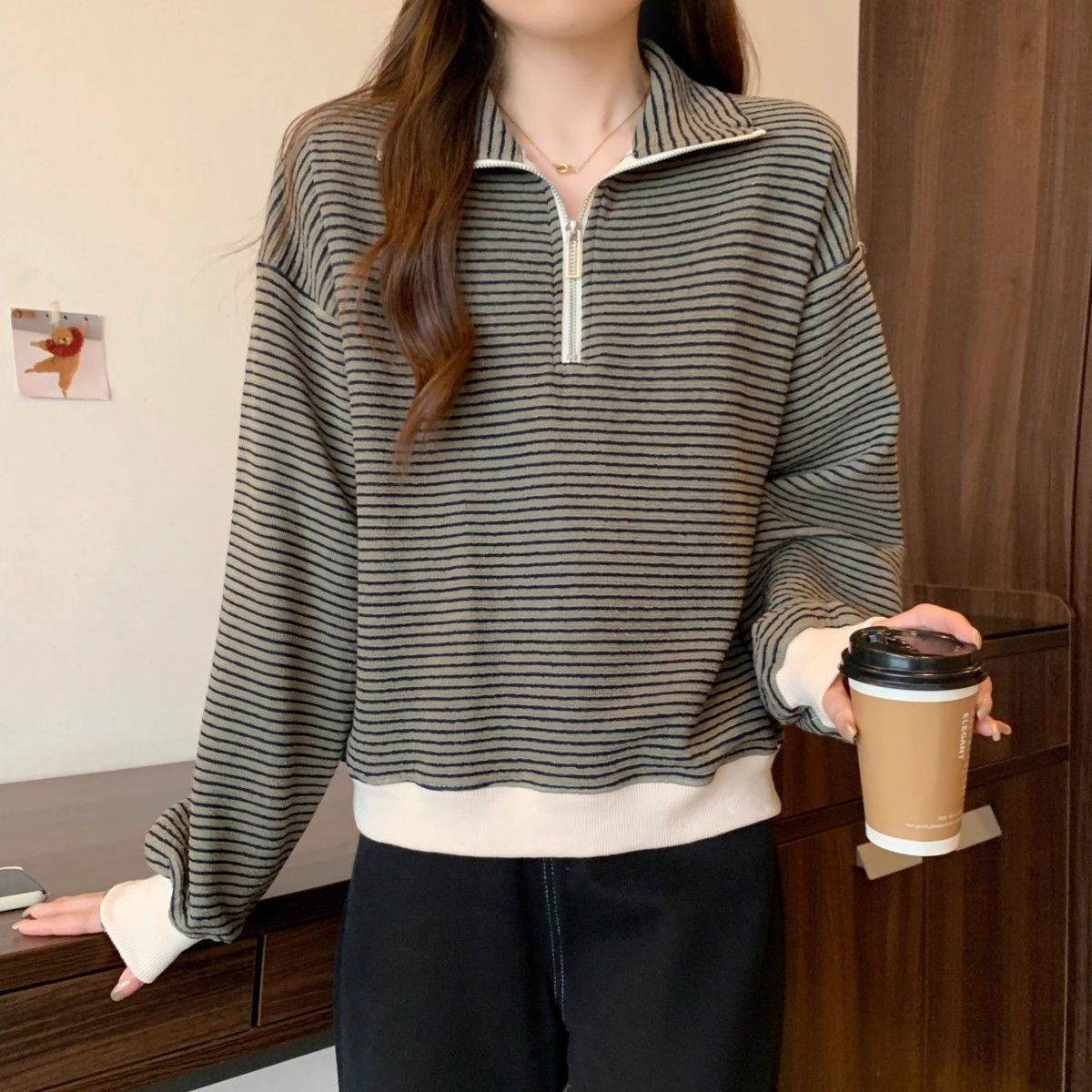 大碼女秋冬新款顯瘦韓系條紋POLO領衛衣外套胖妹妹遮肉遮肚子